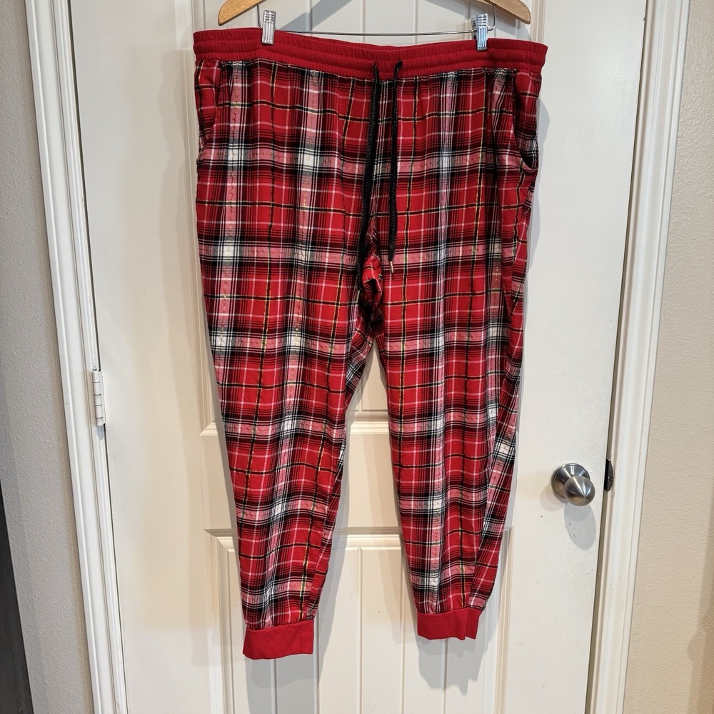 Christmas Plaid Pajama Pants Womens 2X Red Tartan Cotton Jogger Holiday Cozy